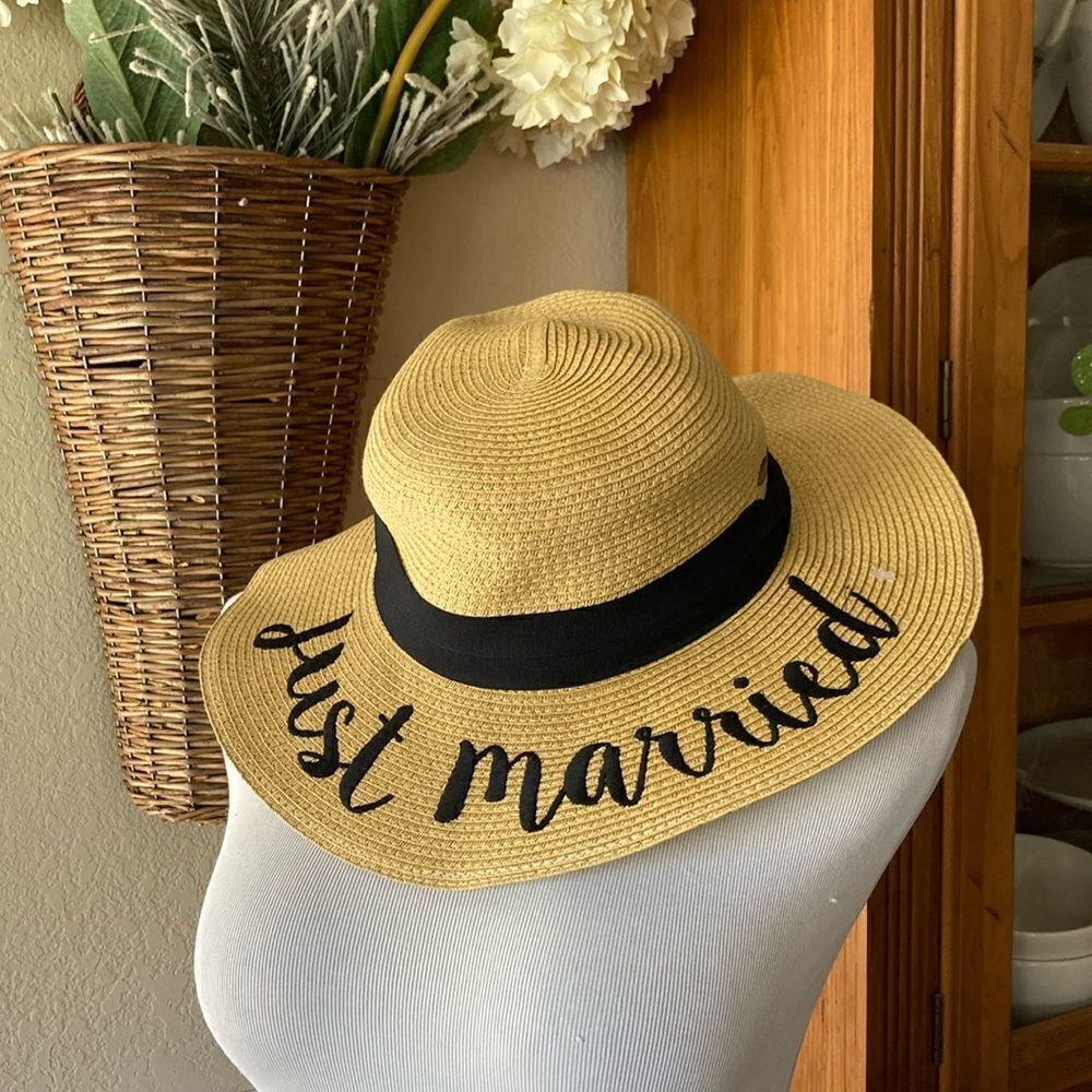 C.C Floppy Paper Straw Wide Brim Hat Embroidered Just Married OS